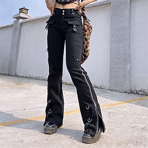 Women Side Zipper Goth Jeans Pants Vintage Streetwear Punk Casual Denim Trousers High Waist Bell Bottoms Pants4