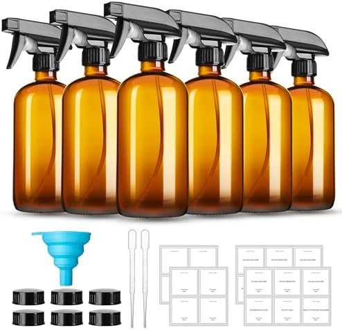 GIVAMEIHF 16oz Amber Glass Spray Bottles,6 Pack Glass Spray Bottles Refillable Empty Bottle with Adjustable Nozzle,Spray Bottle for Essential Oils,Cleaning,Pets,Hair Mister