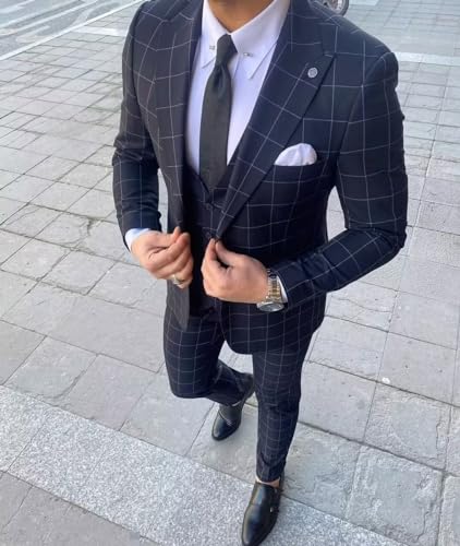 Men’s Plaid Suit Slim Fit 3 Piece Checked Suits Two Buttons Formal Wedding Groomsmen Suits Blazer Vest Pants Set3