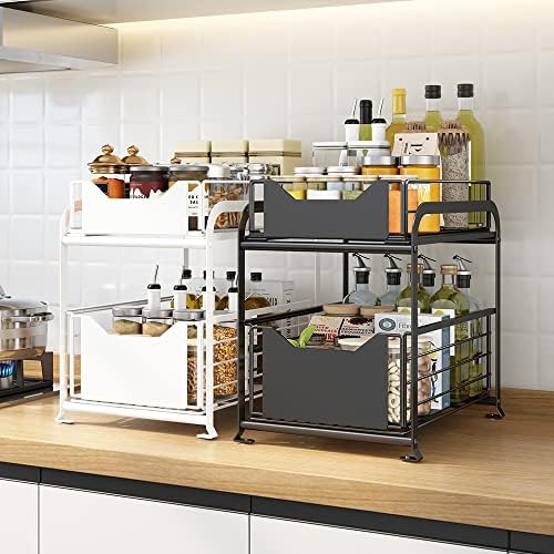 Under Sink Organiser, Cupboard Storage Baskets with Drawer, 2 Tier Metal Sliding Cabinet Baskets Organizer for Kitchen and Bathroom