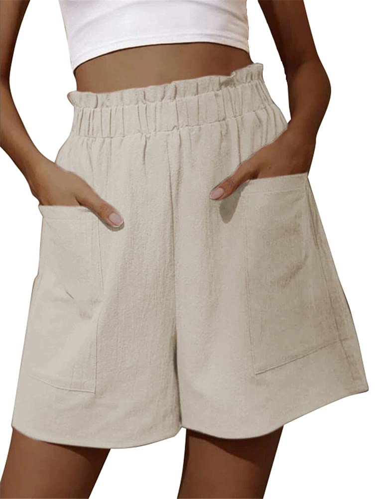 ORANDESIGNE Bermudas Moda Mujer Pantalones Cortos de Cintura Elástica Shorts de Algodón y Lino Shorts Casuales Oversize Color Sólido Pantalones Rectos Pantalones de Pierna Ancha