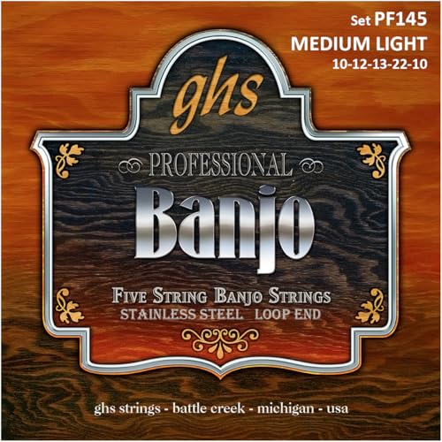 GHS Strings - 5-String Banjo Strings - Stainless Steel - Loop End - Medium Light - 010-022 - Model: PF145 SET