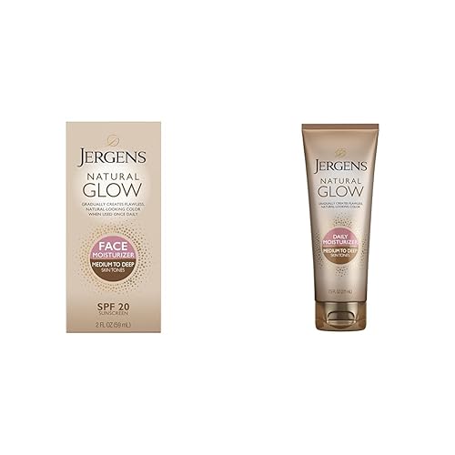 Jergens Crema hidratante facial autobronceadora natural, protector solar facial SPF 20 y loción autobronceadora de brillo natural, bronceado falso