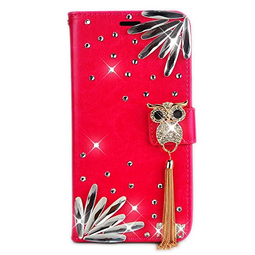 STENES Bling Wallet Phone Case Compatible with iPhone 14 Pro Max 6.7 inch 2022 Case - Stylish - 3D Handmade Night Owl Tassel Glitter Magnetic Wallet Stand Leather Cover Case - Red