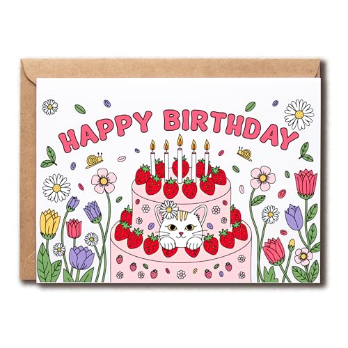 GoGi93Art Happy Birthday Strawberry Card - Kawaii Cat With Cake - Cute Greeting - Birthday Greeting - Blank Inside - Card For Her - Him