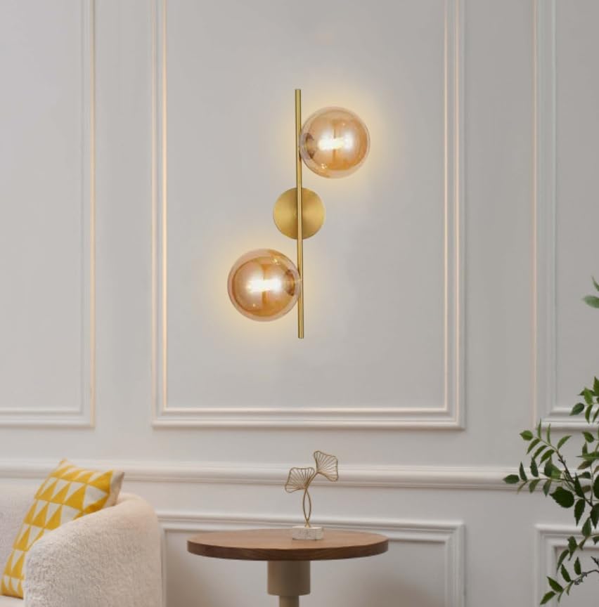 Applique Da Parete Moderna Doppia Sfera In Vetro, Struttura Oro, Attacchi G9, Per Soggiorno E Camera Da Letto