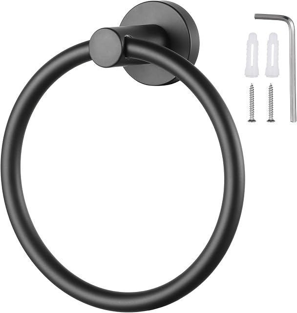 Knpwer Towel Ring 304 Stainless Steel Matte Black Towel Holder Round Shape Hand Towel Holder with Screws for Bathroom