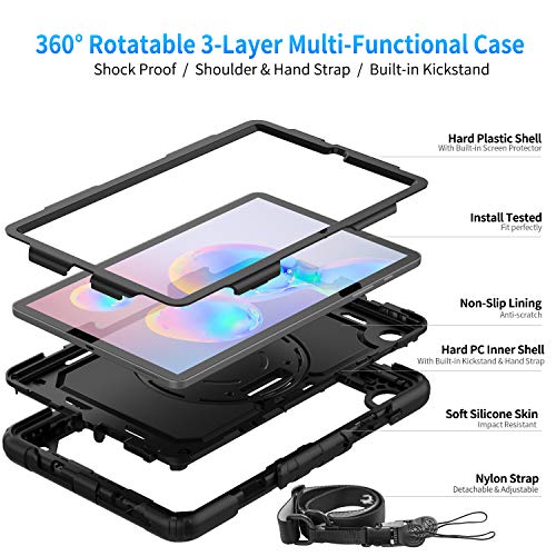 Timecity Samsung Galaxy Tab S6 Lite Case 10.4-Inch 2020/2022 Sm-P610/ P615/ P613/ P619, Durable Sturdy Protection Case With S Pen Holder Screen Protector Swivel Stand Handle Strap Tablet Case- Black #TOP2