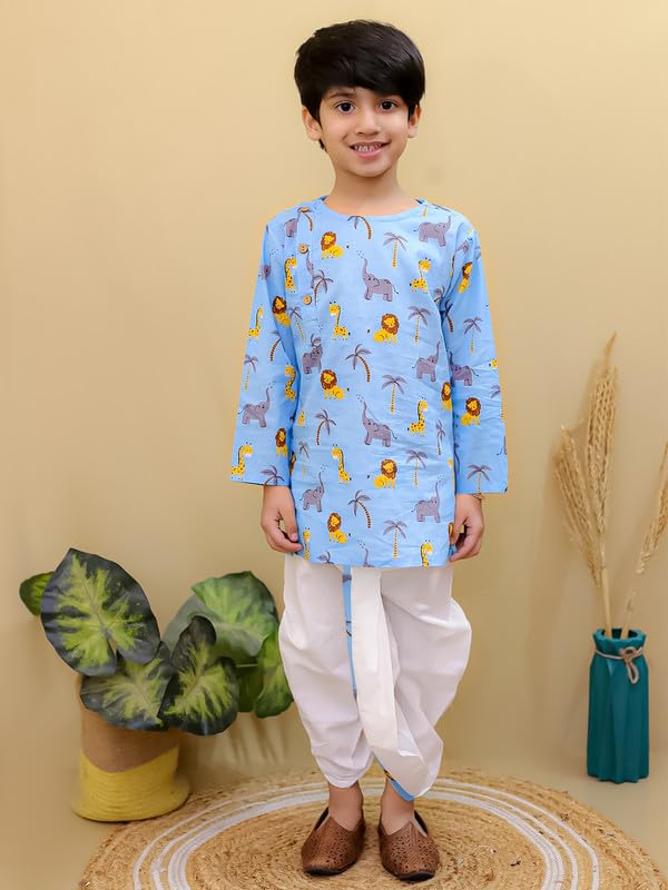 Image of superminis Boys Dhoti Kurta Set Cotton Animal Print Full Sleeves Ethnic Wear for Kids Boys | Kurta Dhoti for Baby Boy 0-3 Months to 8 Years | Traditional Dress for Festive