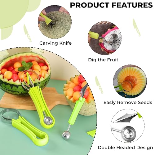 Image of Kraptick Melon Baller Scoop Set, Watermelon Cutter and Slicer, Fruit Carving Tools Set, Fruits Slicer Set, Watermelon Knife Slicer, Fruit Cutting Tools-3 Pc Sets Stainless Steel (Green)