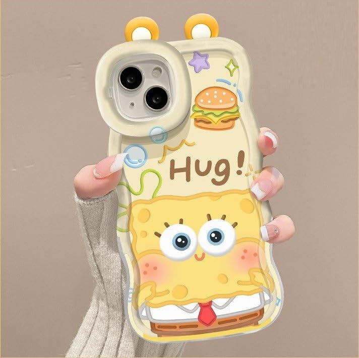 Image of COVERLY 3D Cute New Sponge Bob Cartoon Rainbow Hug Floral Decor Wave Curly Edge Invisible Double Phone Stand Holder Camera Ears Cover Girly Charm Case for Apple iPhone 15 Pro Max (White Color)