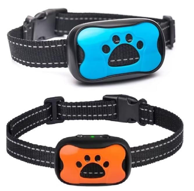 Collar antiladridos recargable – Collar de entrenamiento antigolpes para perros – Humano con vibración y sonido para perros pequeños, medianos y grandes – Paquete de 2 unidades azul naranja
