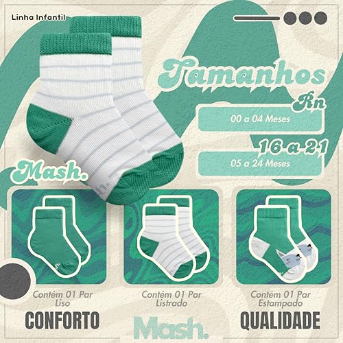 MASH Kit 3 Pares Meias INFANTIL Bebê Criança Menino Menina Recém Nascido Cano Médio, Verde Esmeralda