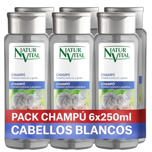 NaturVital - Pack 6 Champú Silver, Sin Parabenos, Natural, Cabello Blanco y Gris, Matizador de Canas Platino, Pigmento azul, para hombresy Mujer, 6x250ml