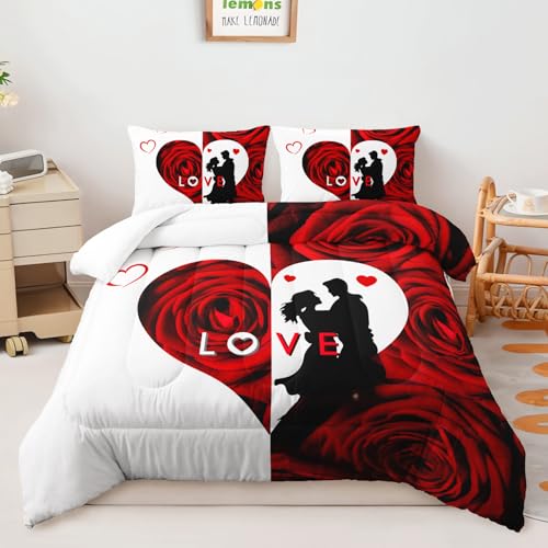 Image of AILONEN Red and White Comforter Set Queen Size,Red Rose Flower Love Couple Bedding Set Decor,Romance Heart His Hers Themed Women Men Quilt with 2 Pillowcases,3-Piece