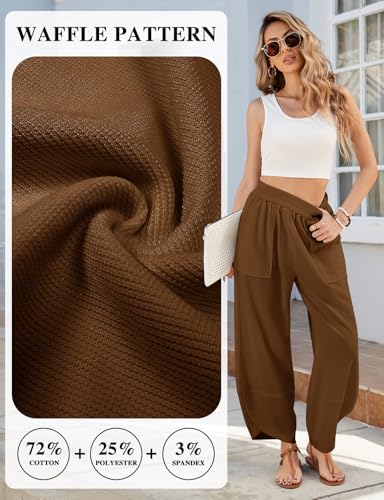 CMTOP Womens Trousers Summer Baggy Cropped Trousers with Elasticated Waist Loose Fit Cotton Trousers with Pockets Lightweight Casual Trouser for Holiday Khaki - Image 4