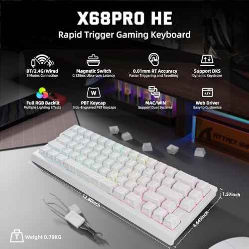 Image of ATTACK SHARK X68 PRO HE Wireless Rapid Trigger Gaming Keyboard with Adjustable Actuation,8K Polling Rate,Hall Effect Magnetic Switch,Hot-Swap,RGB Backlit,BT /2.4GHz /Wired,for FPS Games (White)