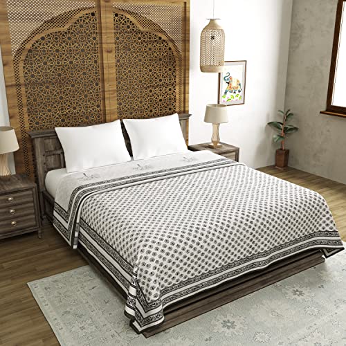 Image of BLOCKS OF INDIA 100% Cotton Dohar King Size Reversible Hand Block Printed Malmal Summer Dohar /Blanket (Grey Tree)