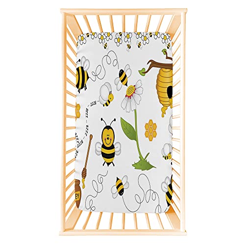 Image of Fitted Crib Sheet, Flying Bees Daisy Honey Chamomile Flowers Pollen Spring Animal Print, Mattress Sheet for Standard Crib, Microfiber Silky Soft Toddler Mattress Sheet, Sheet for Boys Girls