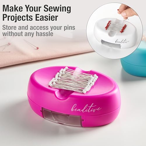 Image of Beaditive Magnetic Pin Cushion with Drawer - Strong Magnet Pin Holder Cushions for Sewing - 50 Glass Head Quilting Pins Included - Chic Pincushion Caddy for Sewing Pins, Paper Clips, Screws - Fuchsia