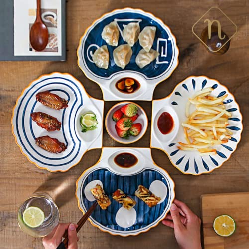 Image of Nestasia Set of 2 Ceramic Shell-Shaped Snack Plate with Dip Section for Chutney | Microwave & Dishwasher Safe Starter Plates | Perfect for Fries, Momos, Sushi, Kebab (White & Blue)