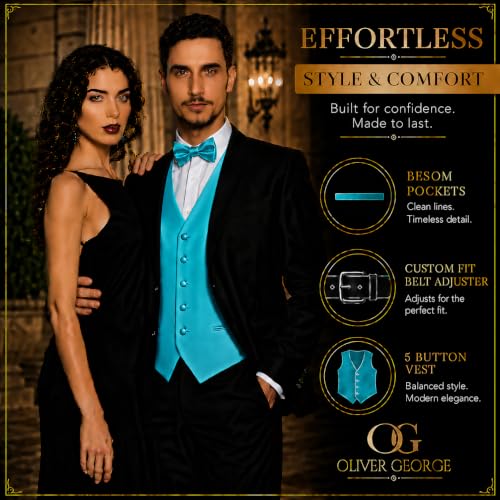 Image of Oliver George 4pc Men's Solid Formal Suit Waistcoat Tuxedo Dress Vest Necktie Bowtie Handkerchief Set for Suit or Tuxedo