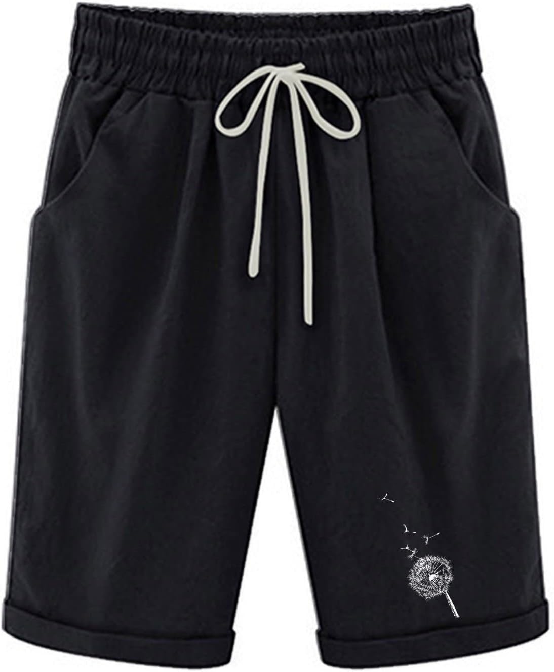 symoidWomens Shorts Casual Elastic Waist Dandelion Print Bermuda Shorts with Pockets Drawstring Mid Rise Summer Linen Short