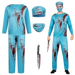 IWTBNOA Zombie Arzt Kostüm Herren, Zombie Doktor Blutiger, Horror Chirurg Kostüm, Halloween Doktor Gruseliges Arzt Set mit Oberteil, Hose, Doktorhut, Arztmaske, Messer für Halloween Karneval