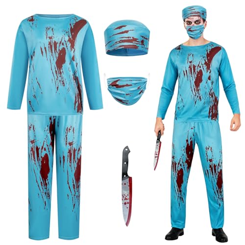 Photo de IWTBNOA Costume de médecin de zombie pour homme, costume de médecin de zombie , costume de chirurgien d'horreur, costume de médecin effrayant avec haut, pantalon, chapeau de docteur, masque de