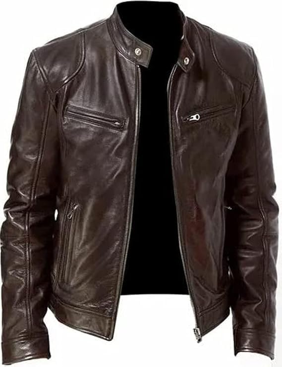Men's Classic Leather Jacket, Brown, S-picture-50