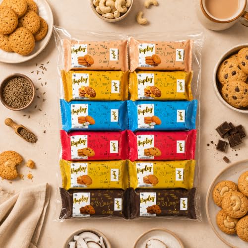 Image of Hapley Assorted Cookies Bundle Pack | Cashew, Chocolate, Jeera, Tutti Frutti, Coconut & Butter Cookies | No Palm Oil Cookie Gift & Tea-Time Snack Pack, Pack of 12 x 50g