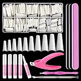 Natural Coffin Nail Tips, MORGLES 500pcs White Long Fake Nail Tips Half Cover False Nail with Glue, Clipper, Files, Cuticle Pusher and Fork for Nail Art, 10 Sizes