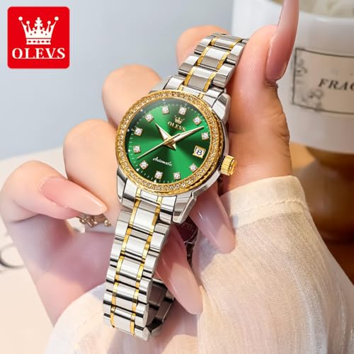 Image of OLEVS Womens Automatic Watch Gold Luxury Diamond Self Winding Ladies Wrist Watches Waterproof Luminous Date