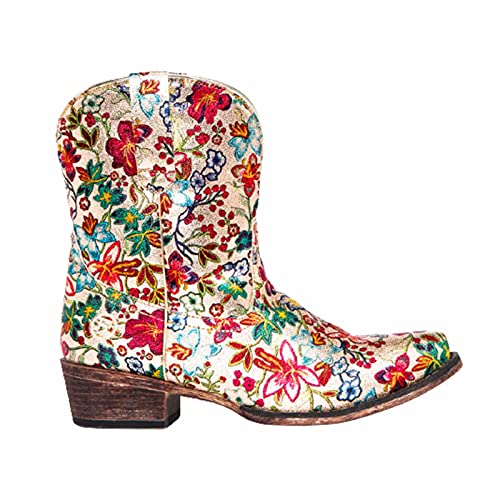 Dames Western Cowboy Laarzen, Vintage Puntige Teen Chunky Hak Enkel Gesp Bloemen Geborduurde Mid-top Boots, Winter… - Image 6