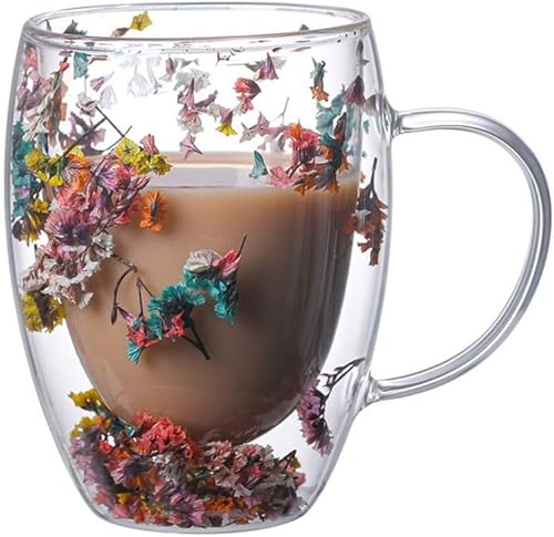Taza de café de vidrio de doble pared, taza de café de 11.8 fl oz, taza de vidrio transparente con flores secas y conchas para cocina (flores)