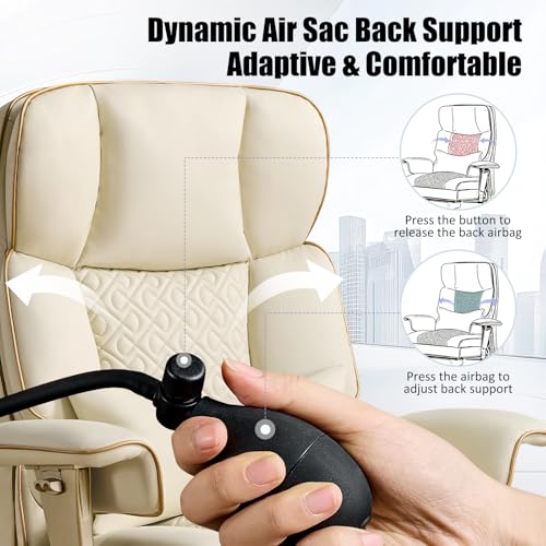 Image of Leather Office Chair with Footrest, High-Back Executive Office Chair with Adjustable Lumbar Support, Luxury Desk Chair with Silent Wheels Rocking 360 Swivel, Height Adjustment,Beige