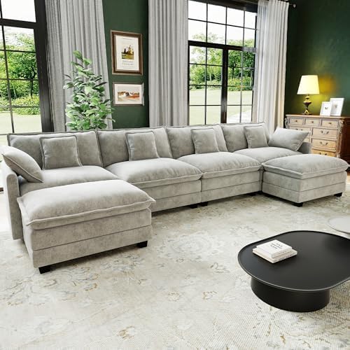 146" Cloud Couch Sectional Modular Sofa, Deep Seat Couches with Ottoman and Removable Washable Pillows for Living Room, Bedroom, Apartment, Light Grey