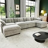 146' Cloud Couch Sectional, U Shaped Modular Sectional Sofa, 4-Seat Deep Seat Couch with 6 Removable Washable Pillows and 2 Ottoman for Living Room, Bedroom, Apartment, Light Grey