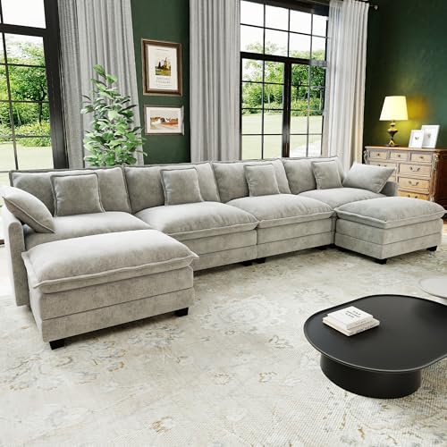Image of 146 inch Cloud Couch Sectional Modular Sofa, Deep Seat Couches with Ottoman and Removable Washable Pillows for Living Room, Bedroom, Apartment, Light Grey