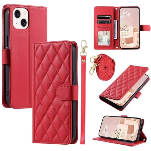 Funda con Cuerda para Huawei P20 Lite/Nova 3E, Ajustable Cordon Collar Colgante Antigolpes Case,Funda Protectora De Cuero De PU De Primera Calidad [Bolsa De Billetera] [Cierre Magnético] Rojo