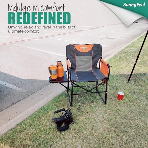 SunnyFeel Camping Director Chair, Portable Folding Chair with Side Table and Storage Pouches, Compact Heavy Duty for Adults Outdoor (Orange) by SUNNYFEEL - Image 2