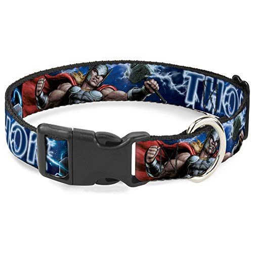 Marvel Comics, collare per cani con fibbia in plastica, motivo: martello di Thor Avengers in posizione di azione Galaxy Blues, bianco, larghezza da 24 a 33 cm, larghezza 2,5 cm