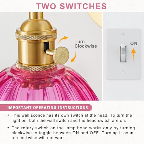 Image of Hardwired Wall Sconce Light, Vintage Wall Sconce with Switch, Gold Wall Light Fixture with Tulip Ruby Red Glass Lampshade, Indoor Wall Light for Bedroom Bathroom, Bedside Wall Lamp