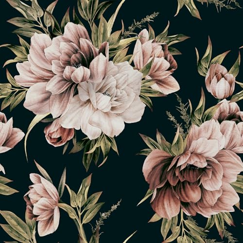 FunStick Papel pintado de vinilo para armario de cocina, diseño floral, color rosa oscuro, 44,5 cm x 9 m, diseño floral de peonía oscura, parte trasera adhesiva, para paredes, estantes, muebles, color