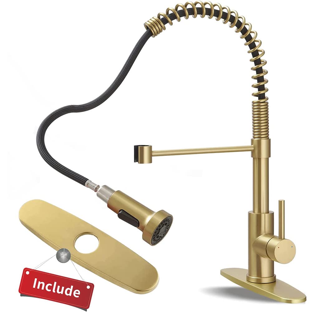 Brushed Gold Pull Down Kitchen Sink Faucet HVNVN Spring Brushed Gold  Kitchen Faucets with Sprayer Solid Brass Single Handle One Hole Faucet for  Farmhouse Camper Laundry Utility Rv Wet Bar Sinks -