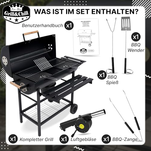 Five-Star Grill&Chill Holzkohlegrill mit Deckel – Großer Grillwagen mit Chromrost 71×35 cm & Thermometer – Für Garten & Terrasse – Aschekasten, Lüftungsöffnungen, 2 Räder
