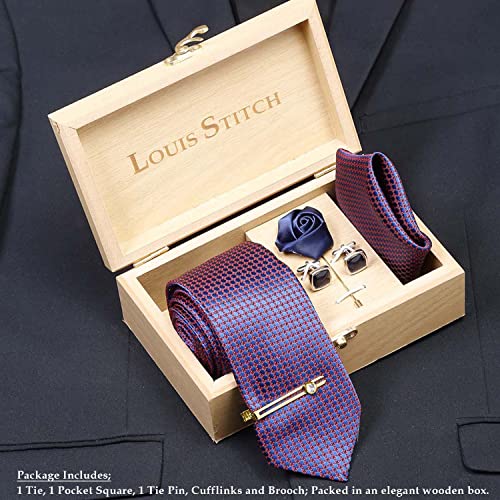 Image of LOUIS STITCH Mens Silk NeckTie Golden Tiepin Gift Combo Set With Pocket Square Cufflinks Brooch Tie Golden Tiepin (Suit Accessories) (Britain)