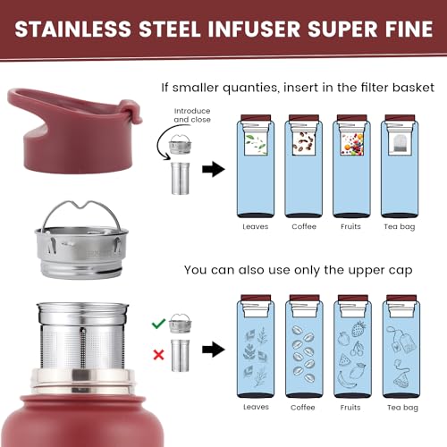 Tea Infuser Bottle - Fruit Infuser Water Bottle 32 Oz, Triple Walled Insulated Stainless Steel Bottle, Thermal Leaf Infuser, Silicone Sleeve, Cleaning Brush, 3 Lids Leakproof, Metal Mug Gallon - Image 5