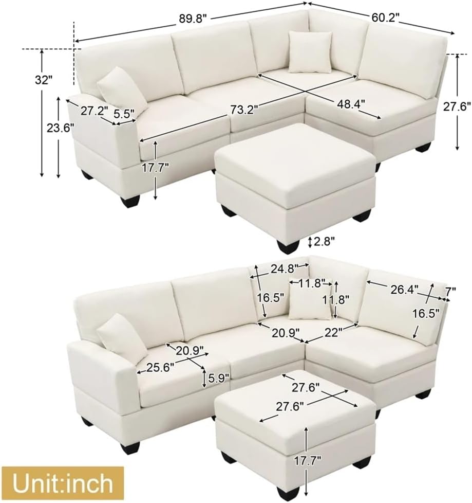 89.8 * 60.2" L-Shape Linen Fabric Corner Couch Set Sectional Sofa,5-Seat Modular with Convertible Ottoman(Black)