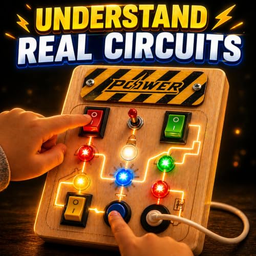 Image of SHINETOY Wooden Busy Board Sensory Toy - Power Control Panel with LED Indicators, Toggle Switches & Big Push Button | Learn Electricity & Circuits | Safe & Fun Gift for Boys & Girls